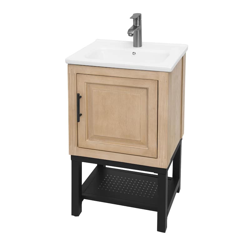 GDFStudio - CompactLine Modern Freestanding Bathroom Vanity with Ceramic Sink and Open Metal Shelf - 20 Inch