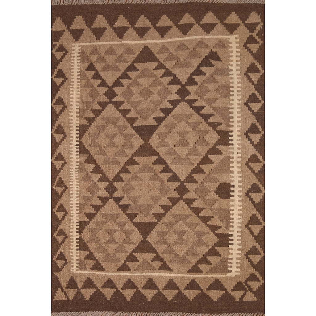 Geometric Kilim Oriental Area Rug Flat-weave Wool Foyer Carpet - 3'3" x 4'8"