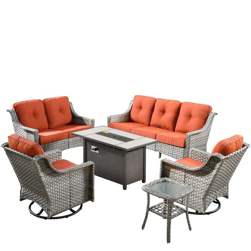 OVIOS 6 Pieces Outdoor Wicker Curved Swivel Chair Set With Fire Table