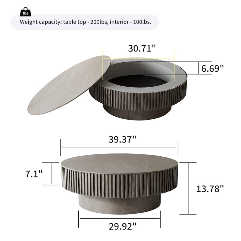 39.4" Round Coffee Table with Storage, Solid Wood Veneer Modern Accent Tea Table