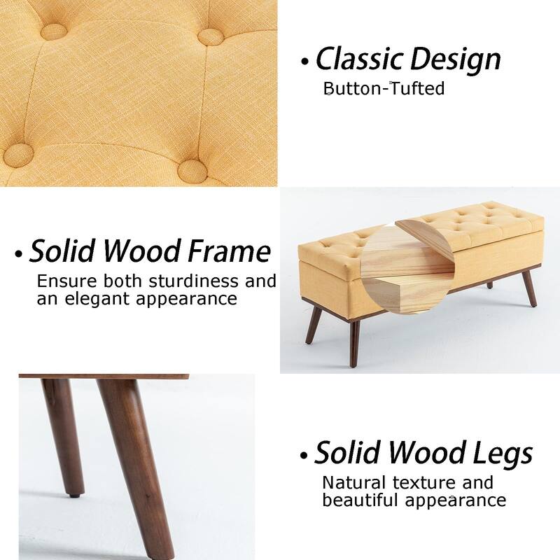 Linen Storage Ottoman Bench with Wood Legs, Upholstered Entryway Bench Tufted Mid Century Modern Ottoman Bedroom End of Bed