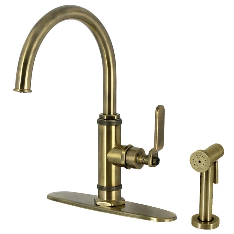 Kingston Brass Whitaker Single-Handle Deck Mount Kitchen Faucet with Brass Sprayer - Antique Brass