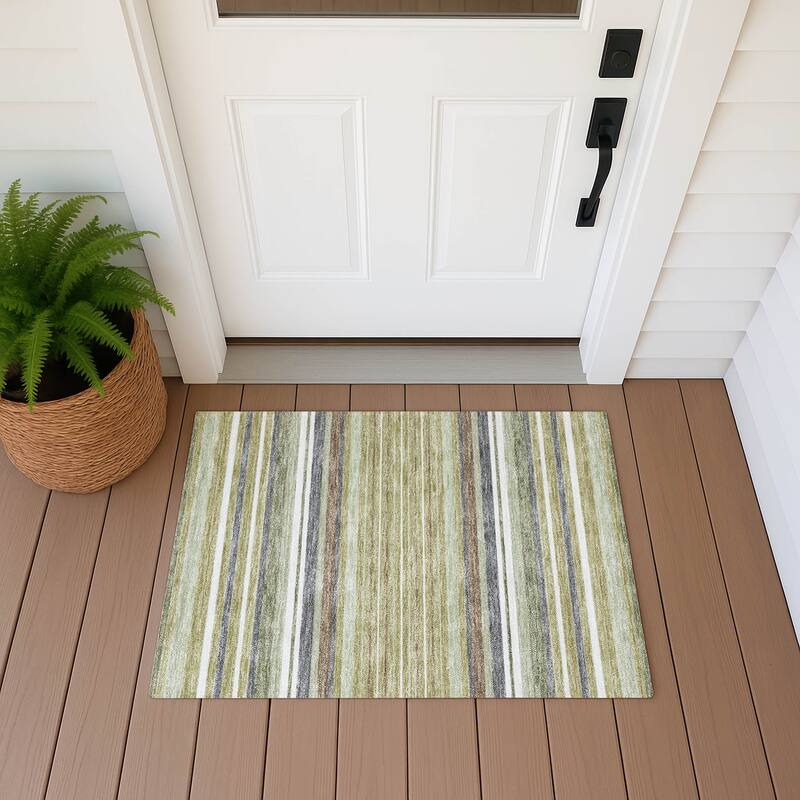 Machine Washable Indoor/ Outdoor Modern Stripes Chantille Rug - Aloe - 1'8" x 2'6"