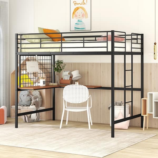 slide 2 of 10, Full Size Metal Loft Bed with Integrated Desk and Decorative Grid ,Sturdy Construction, Clean-Line Design Black