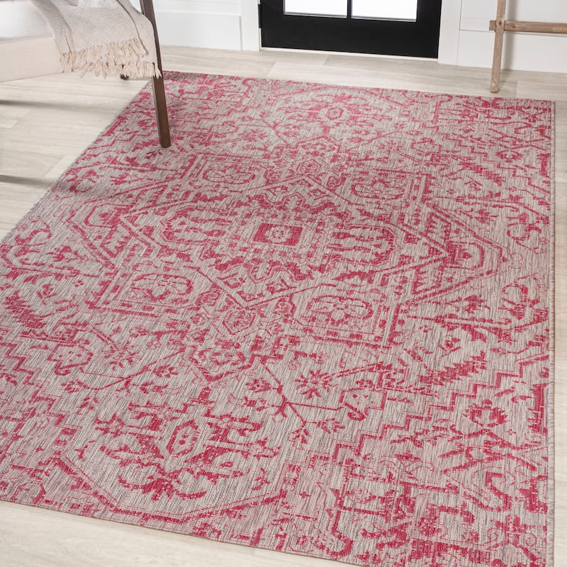JONATHAN Y Charleston Medallion Indoor/Outdoor Area Rug - 8 X 10 - Light Gray/Fuchsia