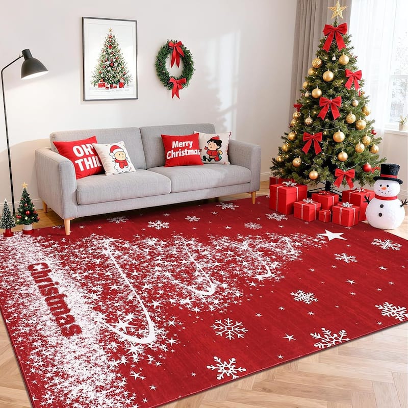 Washable Xmas Red Christmas Tree Area Rug for Home Decor - 1'6" x 2'6"