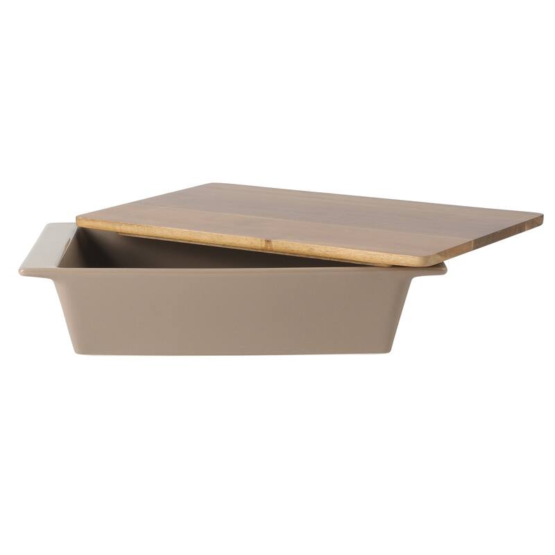 Gibson Elite 2 Quart or 2.75-Quart Stoneware Baking Dish with Acacia Wood Lid - Taupe Rectangular Oven Safe Baker
