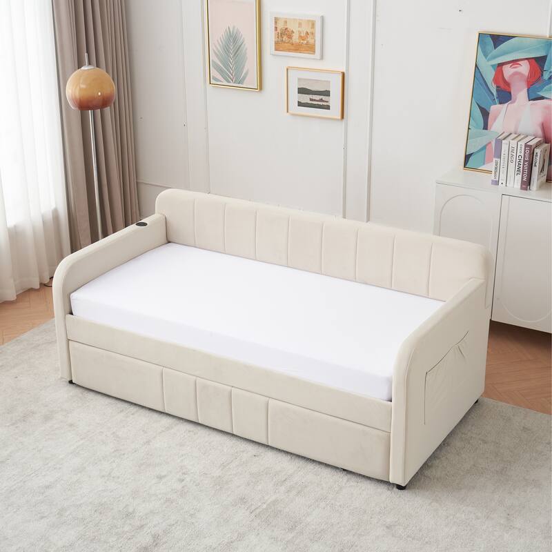 Twin Size Velvet Upholstered Daybed, Wood Sofa Bed Frame Daybed Couch with Trundle Bed and Wood Slat