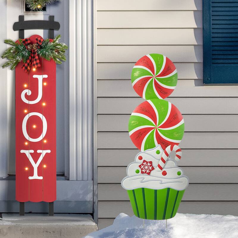 Glitzhome Christmas Metal Dancing Elf Cupcake Candy Cane Yard Stake Wall Decor