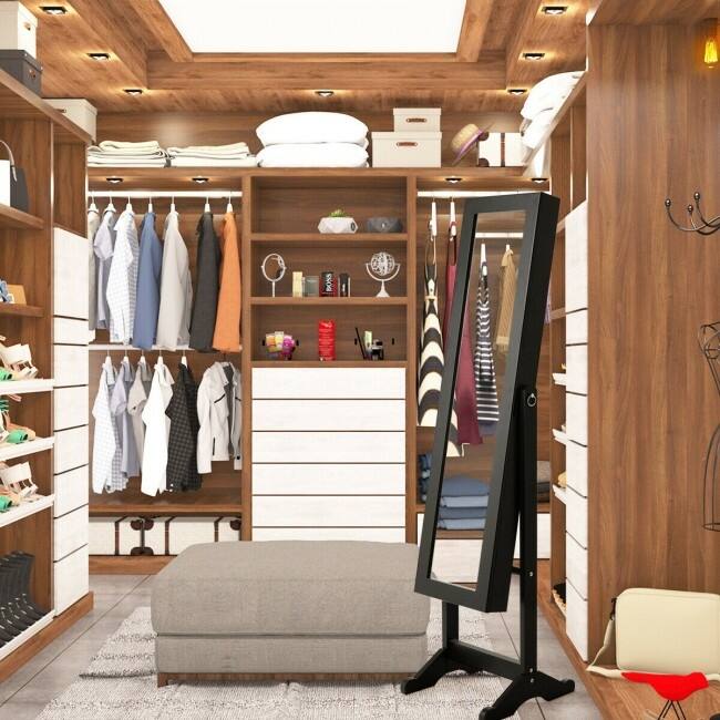 Mirrored Standing Jewelry Cabinet Storage Box - 13" x 14.5" x 56" (L x W x H)