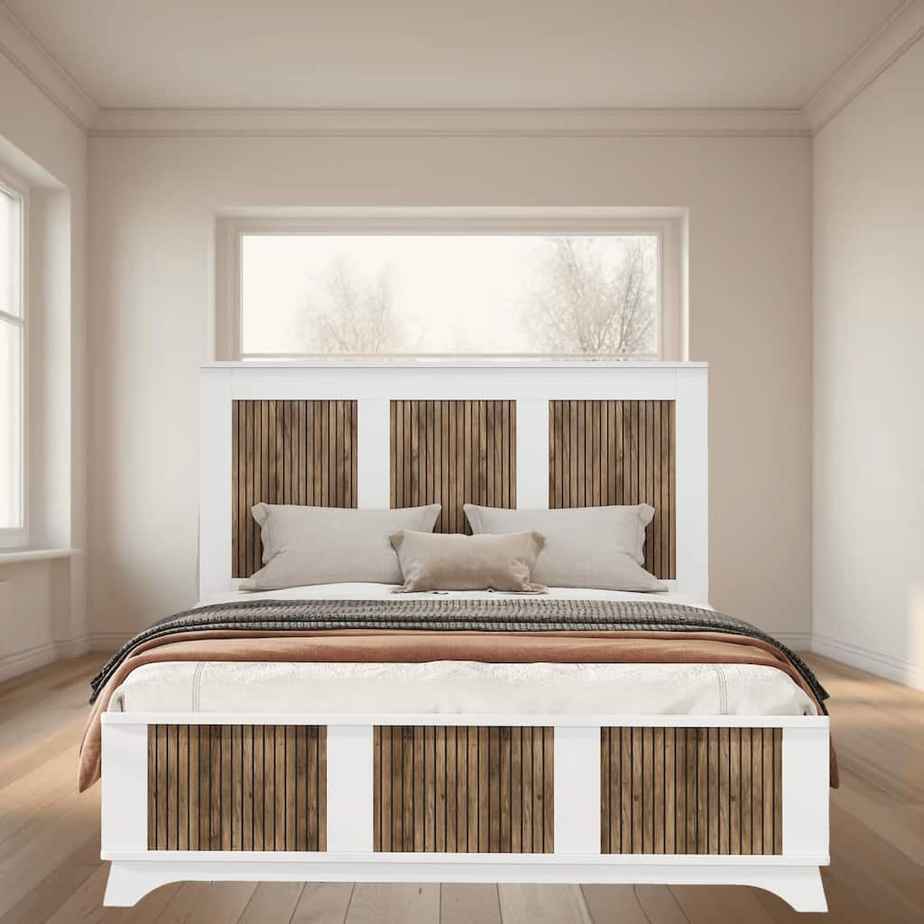 Farmhouse Wooden Platform Queen Size Platform Bed Frame with Sleek White Finish and Wooden Strip Decoration, for Bedroom