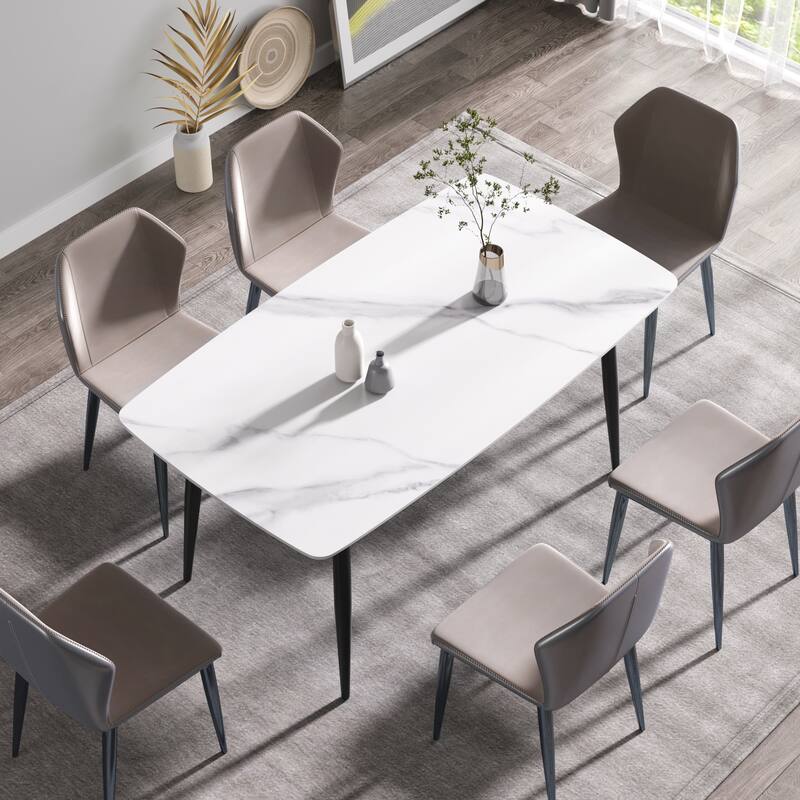 71"Modern White Dining Table for 6, Sintered Stone Tabletop Kitchen Table - White+Black