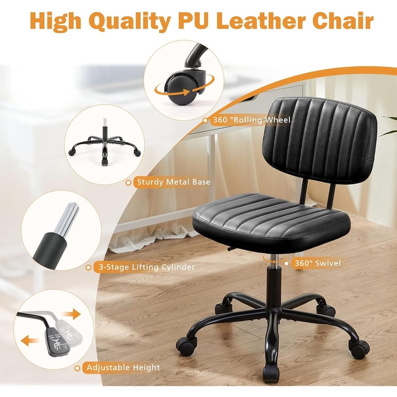 Small Office Computer Desk Chair with Wheels and Lumbar Support, Comfy Cute Armlees PU Leather Vanity Rolling Swuvel Task Chair