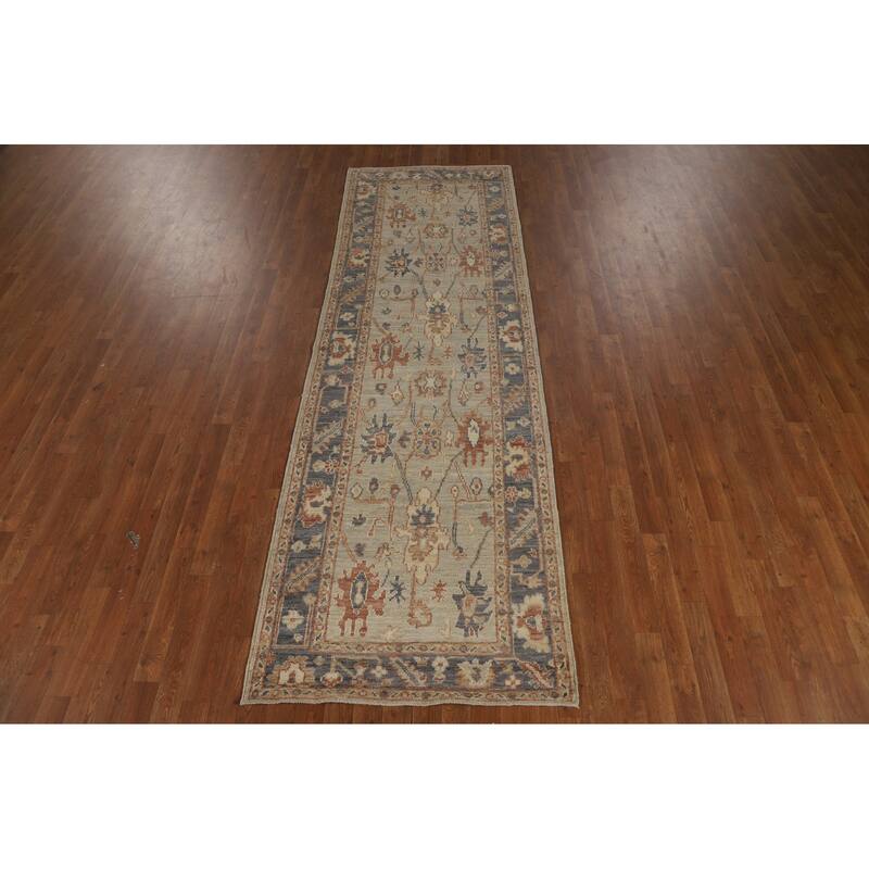 Vegetable Dye Oushak Turkish Runner Rug Handmade Wool Carpet - 3'2" x 10'0"
