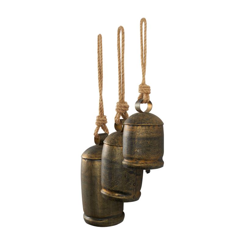 Gold, Gray, Bronze, Black or Red Metal Tibetan Inspired Decorative Cow Bells with Jute Hanging Rope (Set of 3)