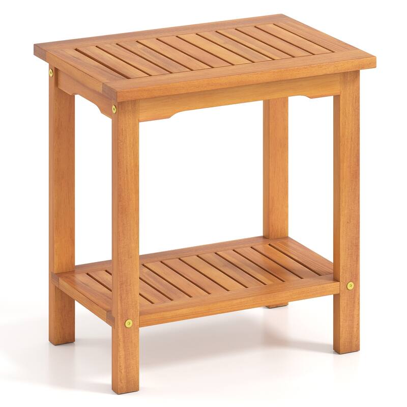 Gymax Outdoor Acacia Wood Side Table 2-Tier Patio End Table w/ Slatted