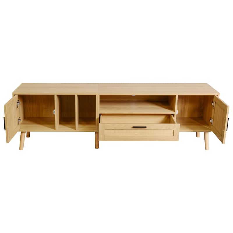 Rattan TV Stand Media Console Table for TVs up to 80", Entertainment Center with Solid Wood Legs, TV cabinet