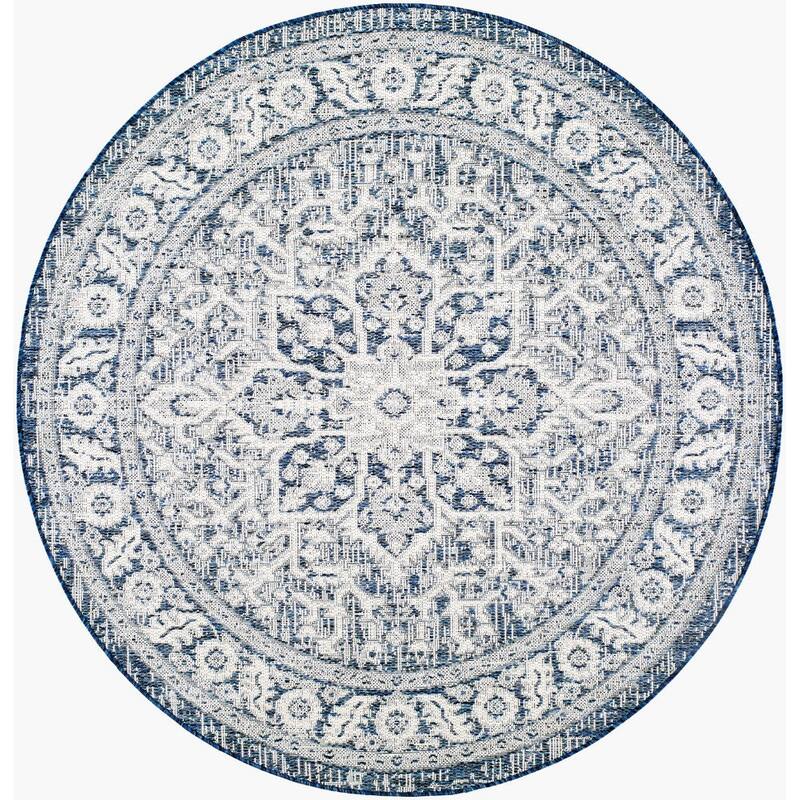 Livabliss Eagean Traditional Indoor/Outdoor Area Rug - 5'3" x 5'3" Round - Navy