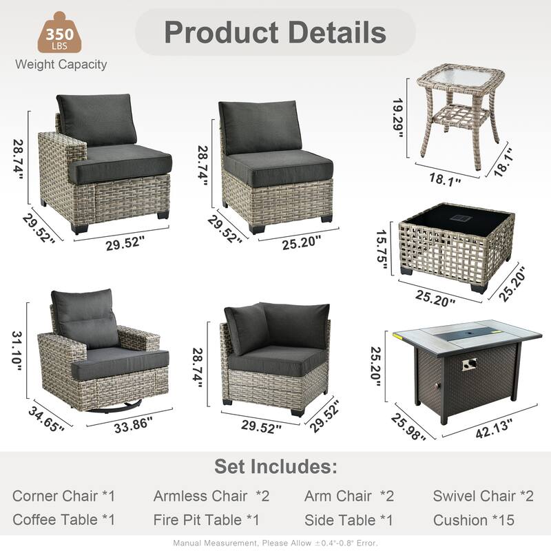 OVIOS 10 Pieces T shaped Seat Wide Armrest Swivel Chair Set With Fire Pit