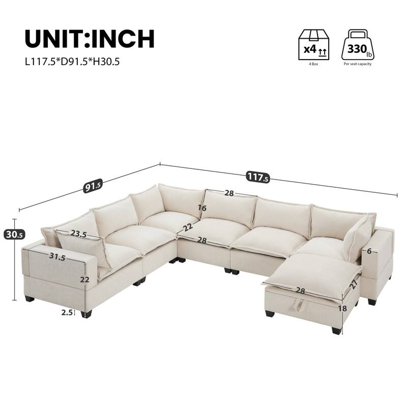 117.5" U-Shaped Chenille Sectional Sofa with Movable Storage Ottoman