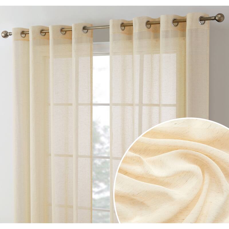 HLC.me Sierra Burlap Flax Linen Semi Sheer Light Filtering Transparent Window Grommet Thick Curtains Panels - Set of 2