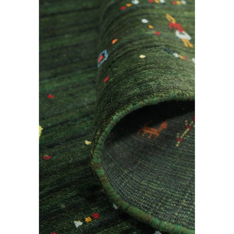 Hand Knotted Oriental Viscose Silk Carpet Tribal Animal Pictorial Green Gabbeh Runner Rug - 7' 6'' X 3' 0''