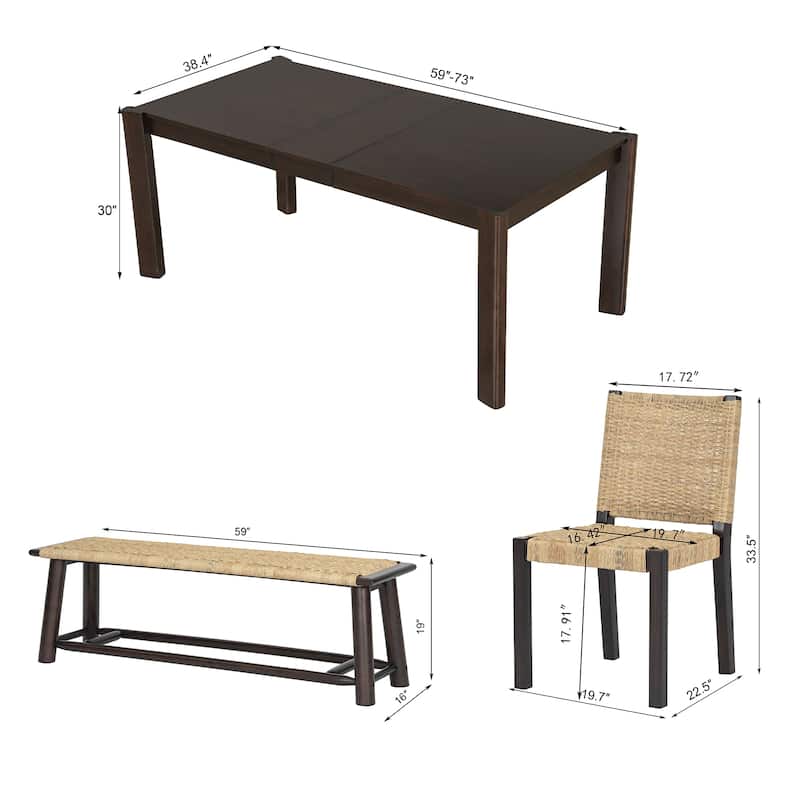 Modern Farmhouse Extendable Dining Table Set with Solid Wood Rattan Chairs, Expandable 59" to 73" for 4-8 Guests