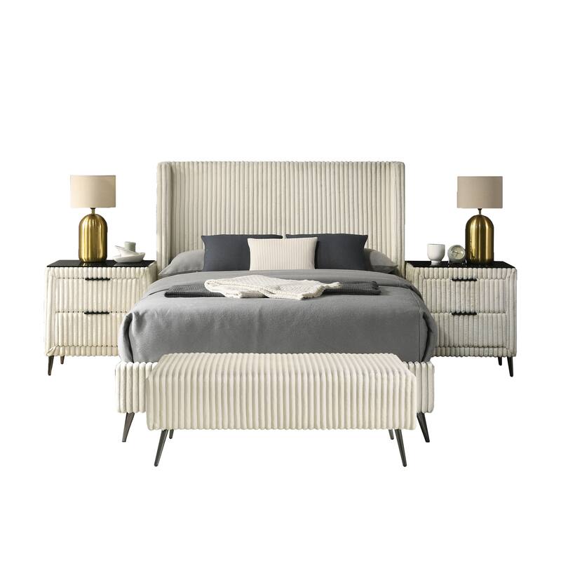 Queen Size Upholstered Panel Bed Set with 2 Nightstands and Storage Bench