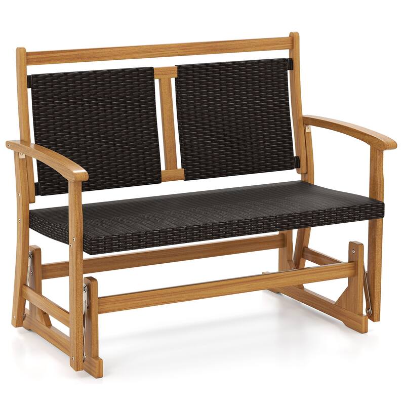 Gymax Patio Rattan Glider Bench Swing Gliding Rocker for 2 w/ Acacia - Brown