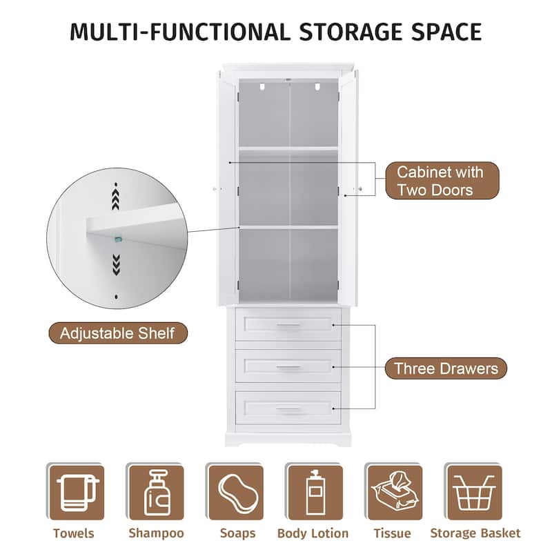 Vertical Bathroom Cabinet with 3 Drawers, 2 Doors, Adjustable Shelf, Anti-Tip Kit, MDF Storage Unit