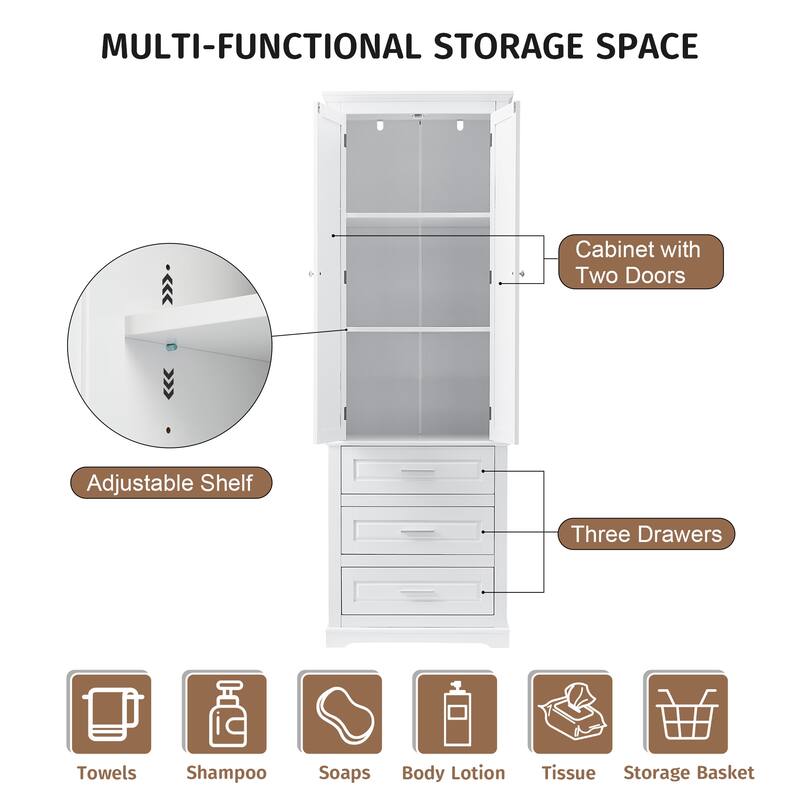 Wide Application Freestanding Storage Cabinet Tall Floor Cabinet with 3 Drawers, Adjustable Shelves and Anti-tipping Device