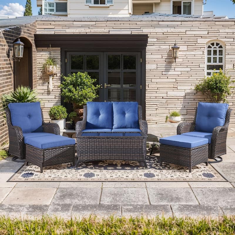 Pocassy Outdoor 4 Inch Sofa Swivel Chairs Table Ottoman - Brown Wicker Blue Cushion - 6 Pieces 2-Seat Sofa Swivel Chair Table Ottoman