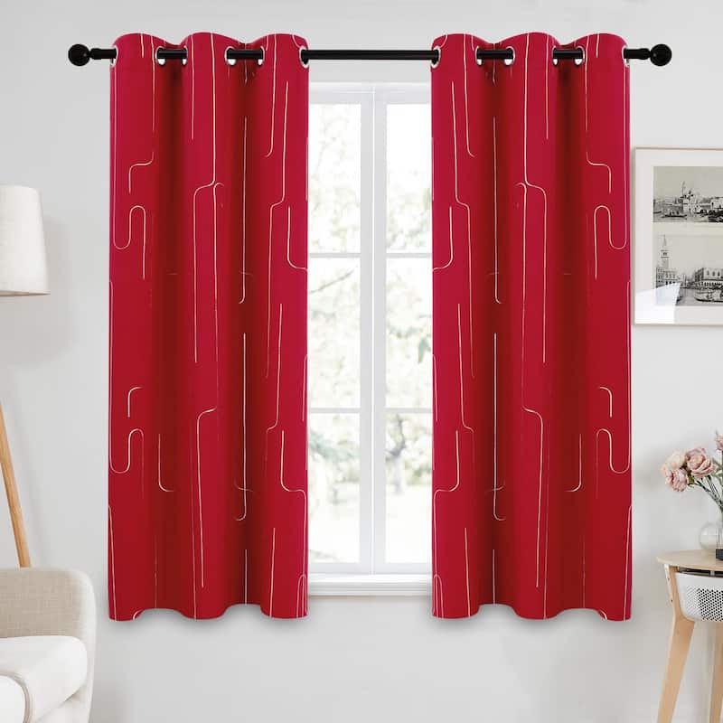 Grommet Curtains, Room Darkening Window Drapes with Lines Foil Print