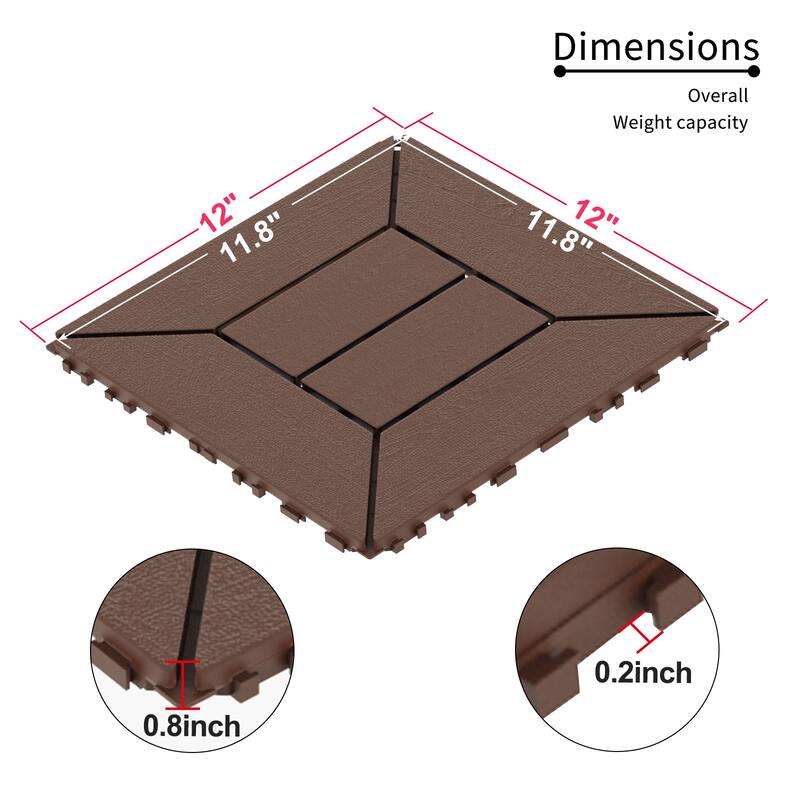 12" Interlocking Patio Deck Tiles – DIY Modular Flooring for Porch, Poolside, Balcony (44-Piece Set) - 44pcs