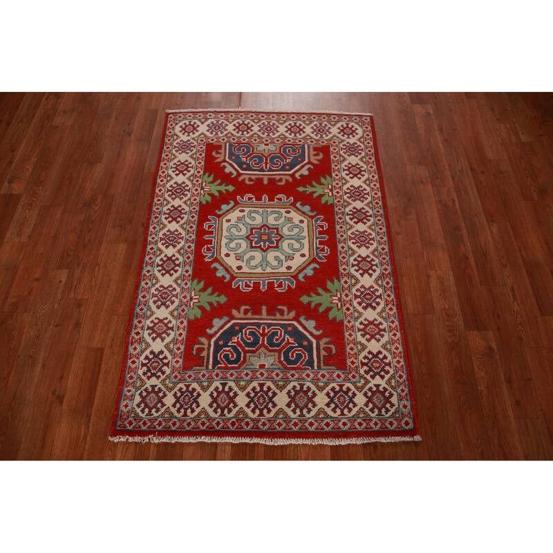 Bedroom Red Kazak Foyer Rug Hand-Knotted Geometric Wool Carpet - 2'8"x 4'0"