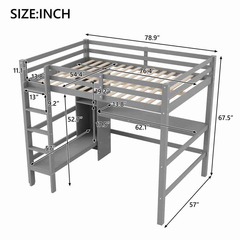 Full Size Loft Bed with Multifunction Shelves and Under-bed Desk