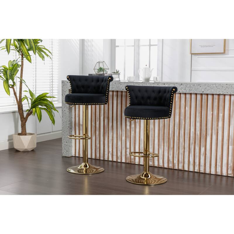 Velvet Adjustable Swivel Barstool w/ Footrest, Dining Bar Chairs, Set of 2