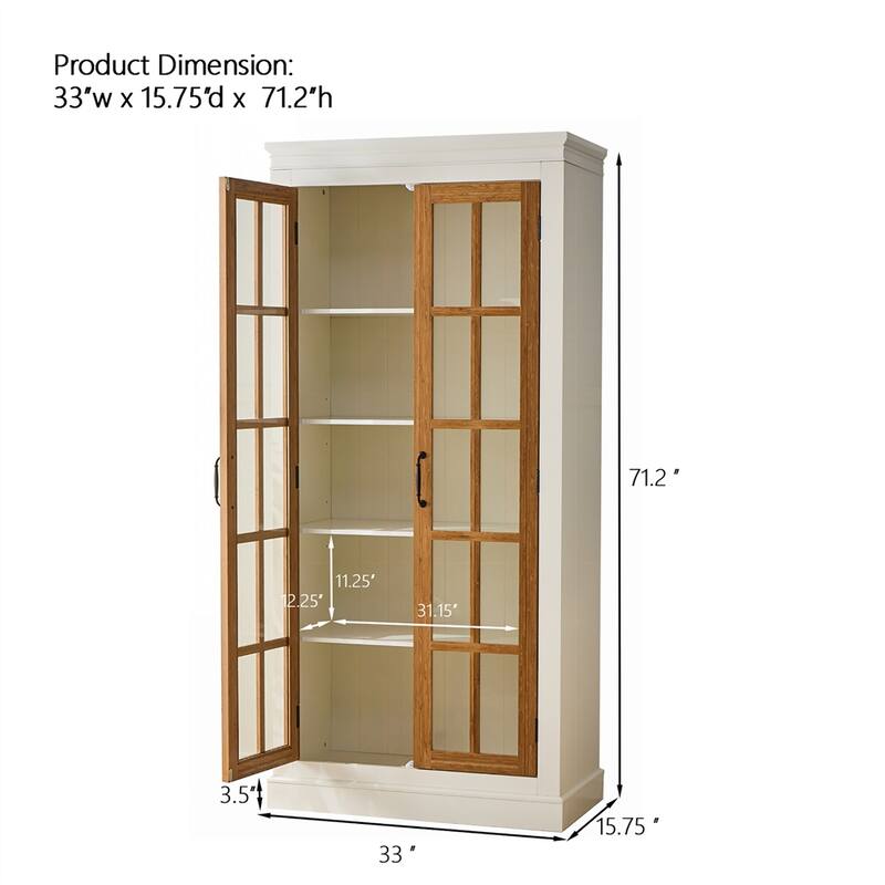 71.2'' Tall Display Cabinet w/Glass Doors,China Cabinet,Curio Cabinet - Brown+Cream White