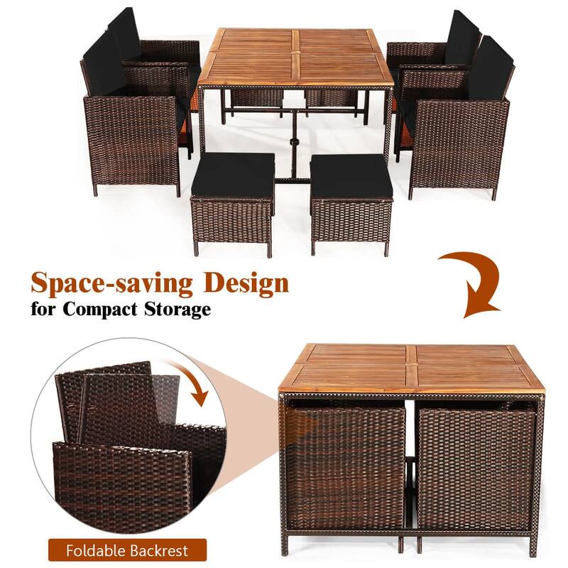 Costway 9PCS Patio Rattan Dining Set Cushioned Chairs Ottoman Wood - See Details