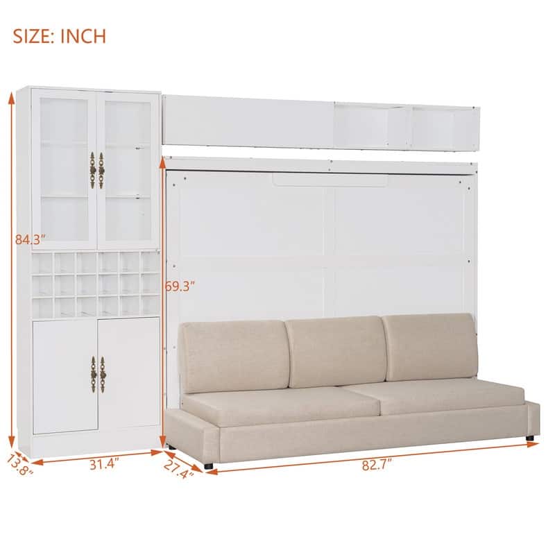 Queen Size Murphy Bed Wall Bed with Sofa , Shelves USB & Light