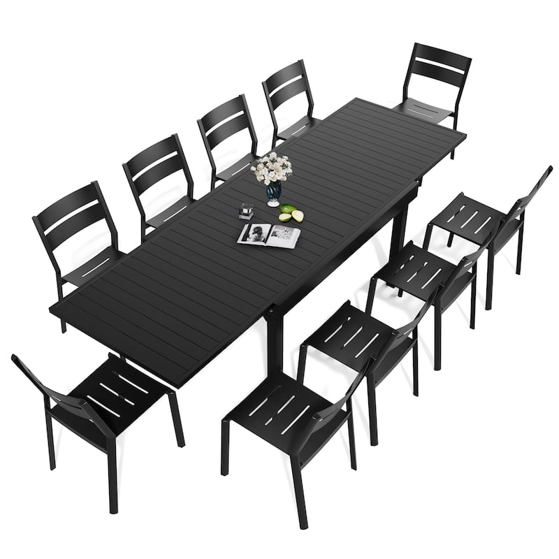 11PC Outdoor Aluminum Dining Set Expandable Rectangle Patio Table with Stackable Chairs