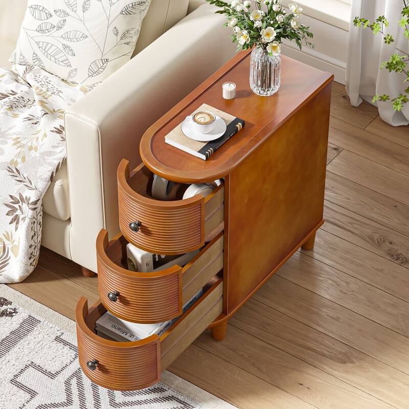 3-Drawer Walnut Narrow End Table - Side Table for Living Room & Bedroom