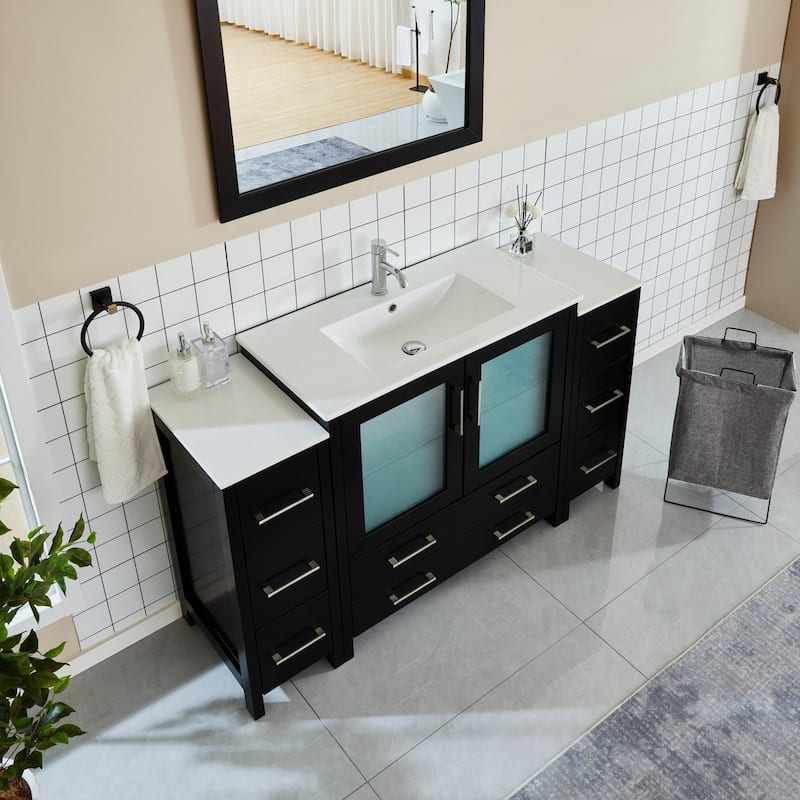 Vanity Art 60-Inch Single Sink Bathroom Vanity Set 8 Dove-Tailed Drawers 3 Cabinets 1 Shelf Soft-Closing Doors with Free Mirror