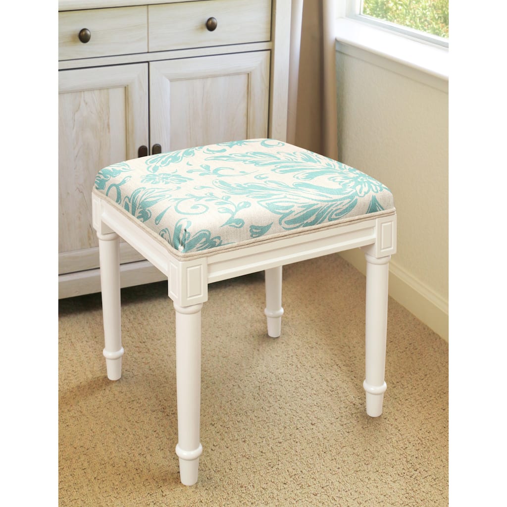 Aqua Tuscan Floral Vanity Stool with White Frame