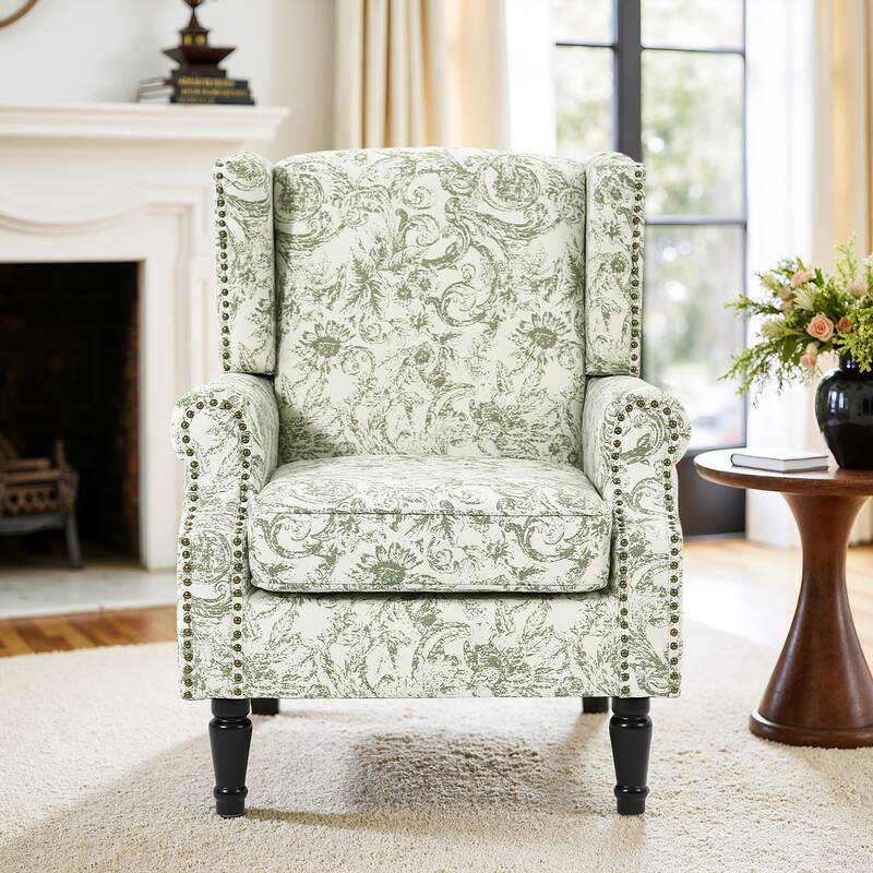 Traditional Floral Patterned Wingback Armchair with Nailhead Trim