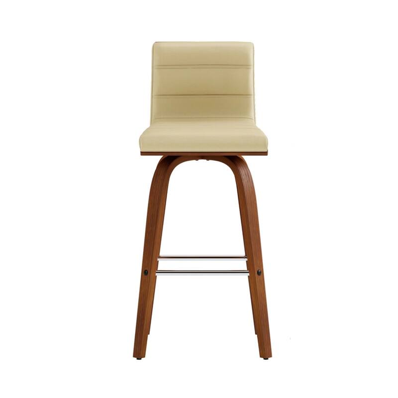 Modern Swivel Bar Stool with Low Backrest and Footrest Upholstered Walnut Finish Solid Wood Frame