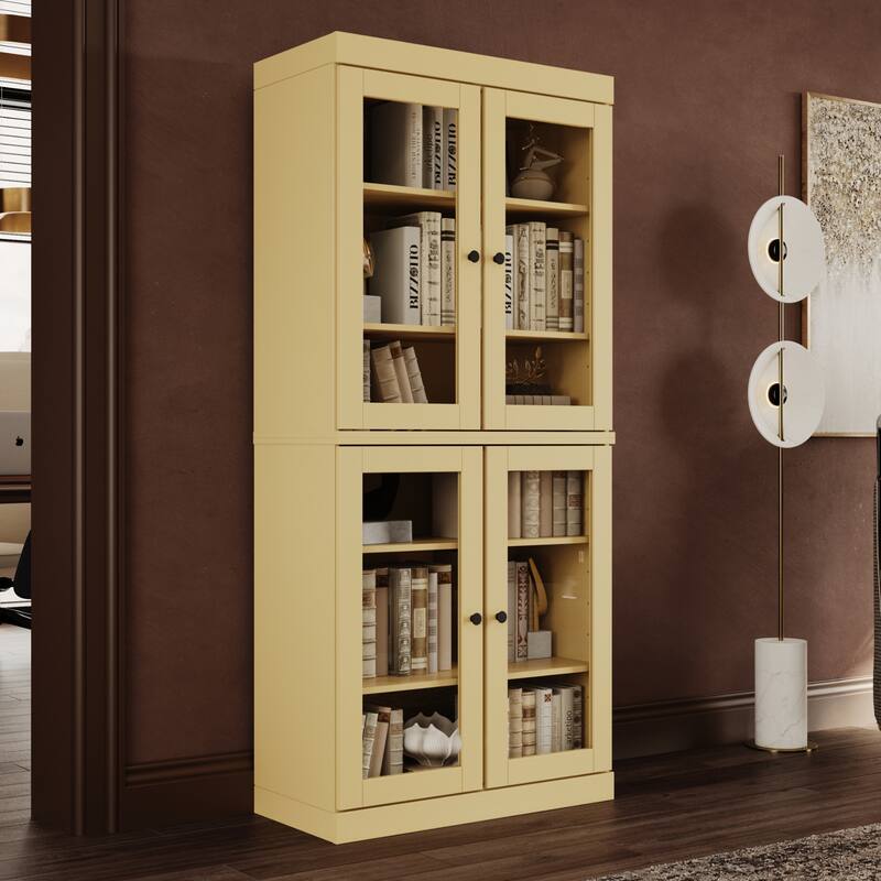 Palace Imports Solid Wood 6-Shelf Bookcase, Clear Glass Doors, Adjustable Shelves - Yellow