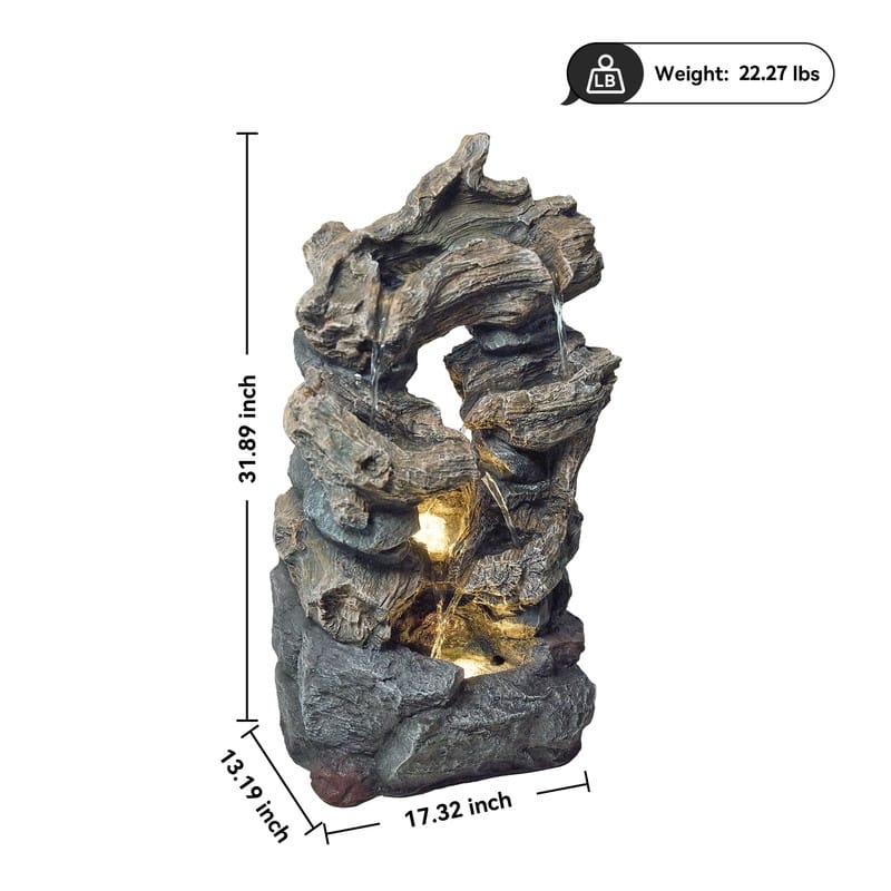 Outdoor 4-Tier Hand Crafted Polyresin Rainforest Wood Weather Resistant Fountain