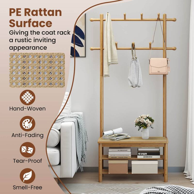 Costway Bamboo Coat Rack with Bench Shoe Storage 2 Hanging Rods 11 - See Details