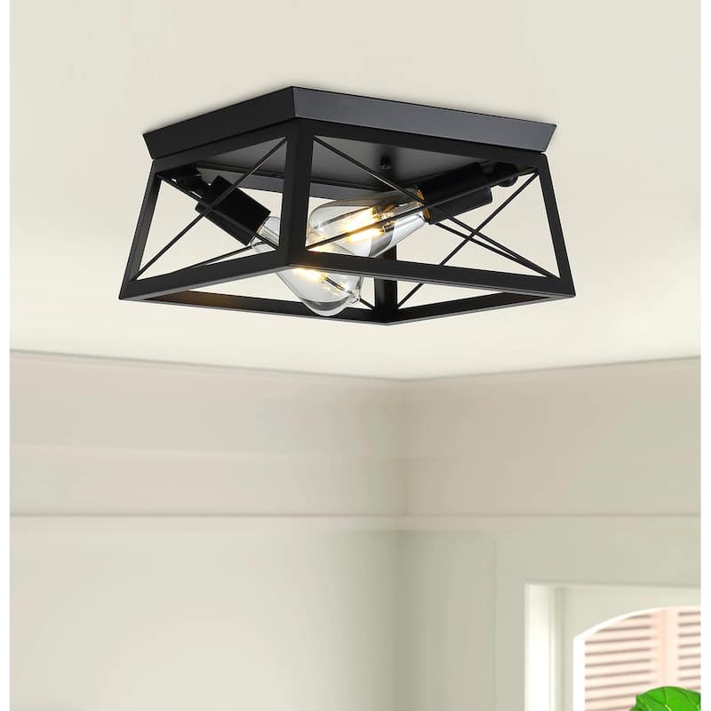 Industrial Black 2-Light Caged Flush Mount Ceiling Lamp